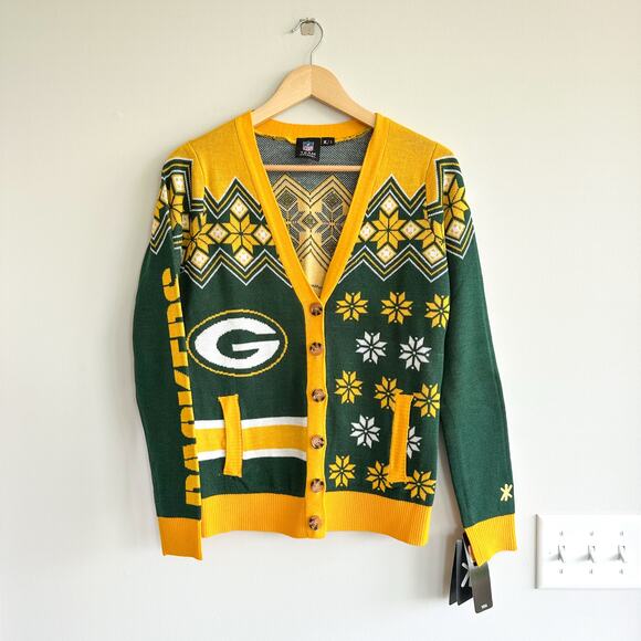 NFL Team Apparel Packers Ugly V-Neck Button Up Cardigan NWT - Picture 1 of 9